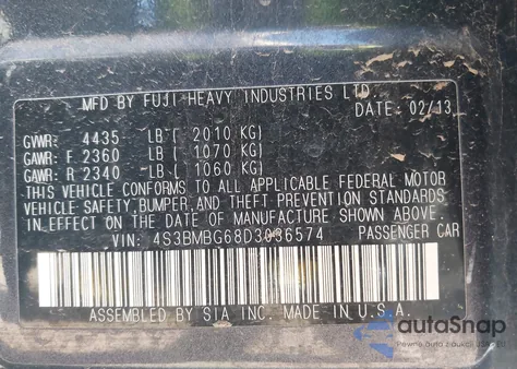 2013 Subaru Legacy 2.5I Premium z USA, uszkodzony, nr VIN 4S3BMBG68D3036574